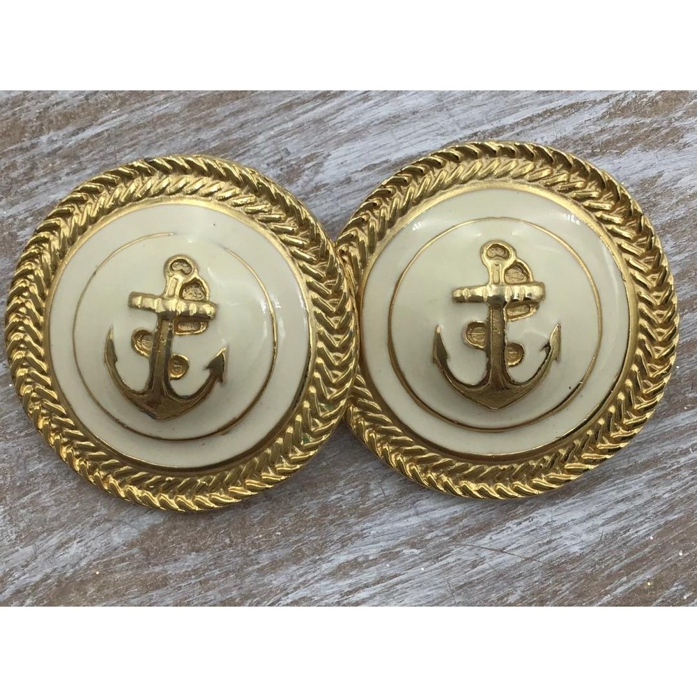 Vintage Gold Tone Anchor Enamel Nautical Round Stud Earrings Coastal Resortwear